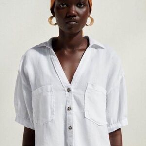 Zara White Linen Cropped Button up Shirt